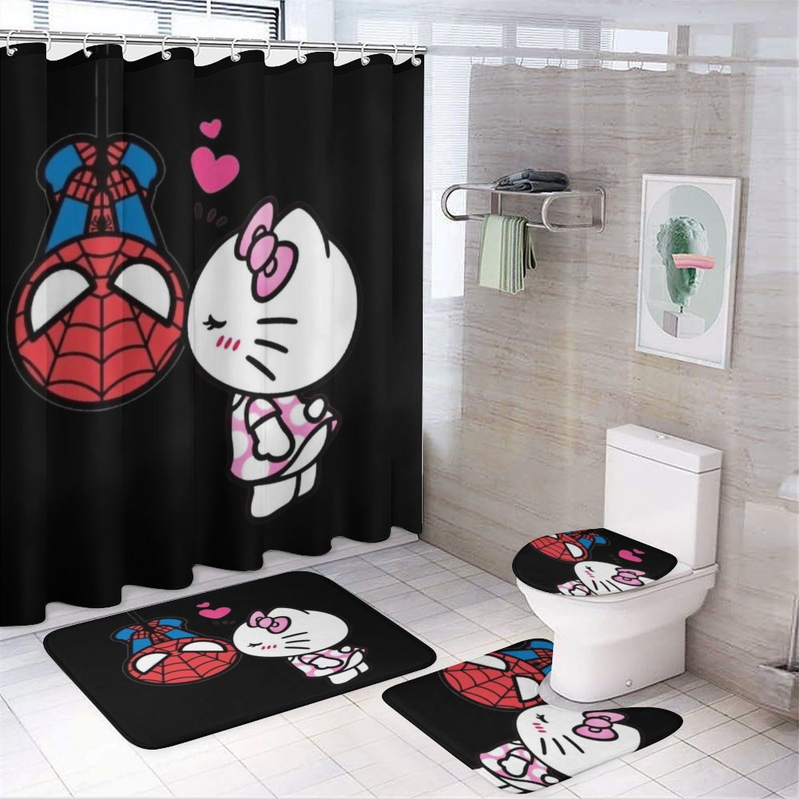 4 Pcs Spider-Man Bathroom Set with Shower Curtain with Non-Slip Rugs, Toilet Lid Cover And Non-Slip U Shape Bath Mat, Bathroom Decoration with 12 Hooks 72 X 72 Inches